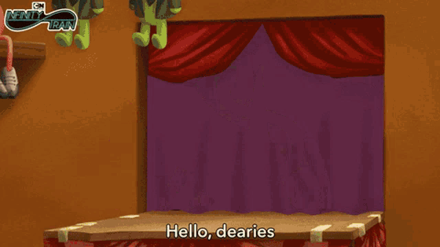 a cartoon of a cat behind a curtain with the words hello dearies below it
