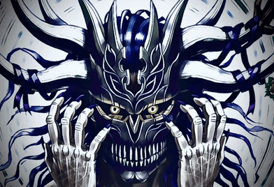 a black and white drawing of a monster with a skull mask