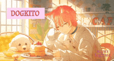 a boy with a dog 's ears is sitting at a table with a plate of food and the word dogkito above him