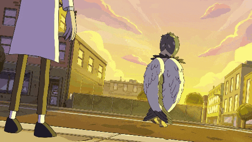 a cartoon drawing of a person standing next to a bird that says ' ucsd ' on it