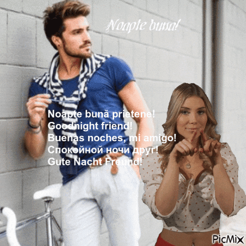 a man and a woman are standing next to each other on a picture that says noapte buna