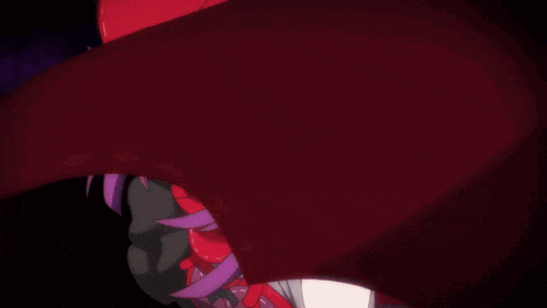a girl with purple hair is wearing a red hat and scarf