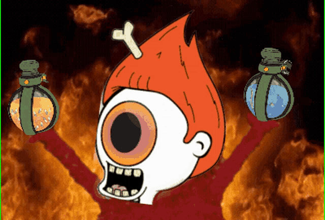 a cartoon character is holding two bottles of liquid