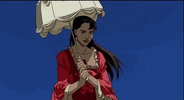 a woman in a red dress is holding an umbrella against a blue sky