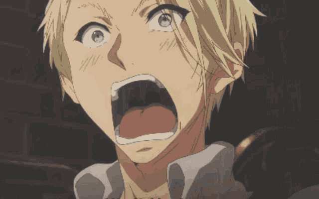 a close up of a anime character with his mouth open