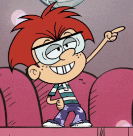 a cartoon boy with red hair and glasses is pointing at something
