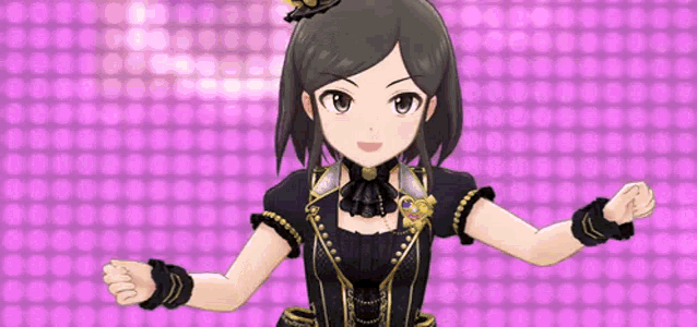 a girl in a black dress is standing in front of a purple background with polka dots .