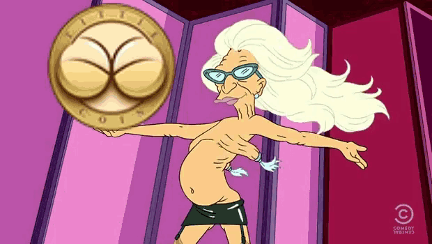 a cartoon of a woman holding a coin with the comedy central logo in the corner