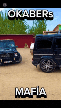 two black cars are parked next to each other on a dirt road with the words mafia on the bottom