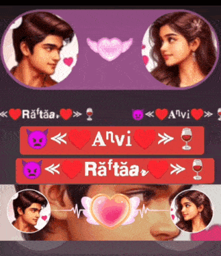 a picture of a boy and a girl with hearts and the name anvi