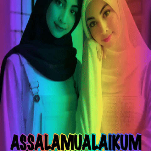 two women wearing hijabs are standing next to each other with the words assalamualaikum written in black
