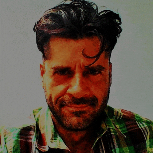 a man with a beard wearing a plaid shirt looks at the camera