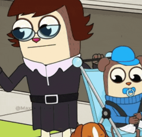 a cartoon character is pushing a stroller with a baby and a dog in it