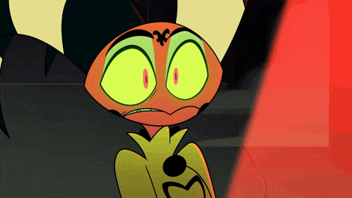 a cartoon character with yellow eyes and a cross on his face