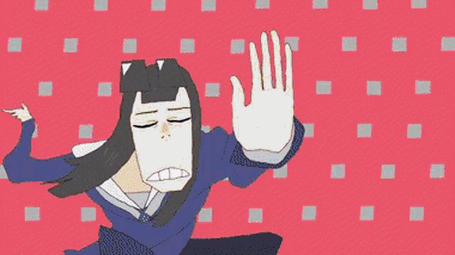 a girl with blue hair and a suit is covering her mouth with her hand
