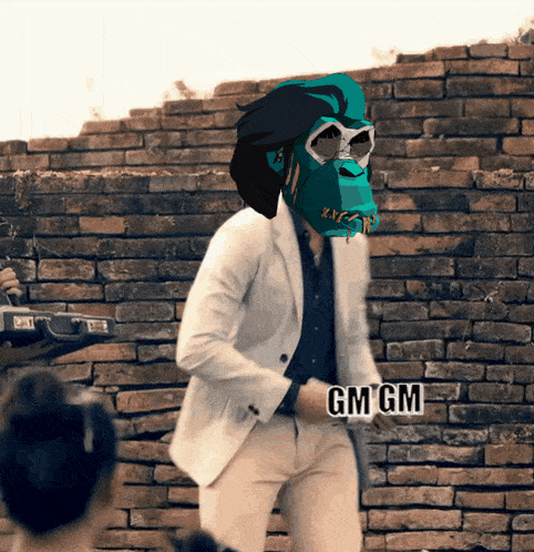 a man in a white suit is dancing in front of a brick wall with gm gm written on his chest