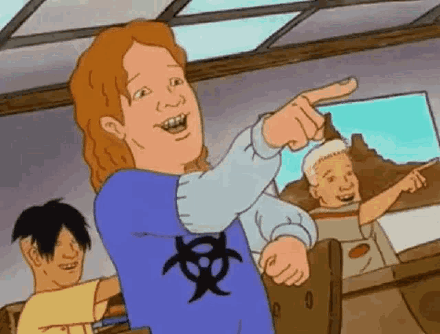 a cartoon character is pointing at something in front of a group of people in a room .