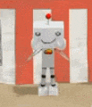a cartoon robot is standing in front of a red and white wall .