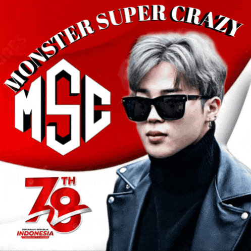 a poster for monster super crazy shows a man wearing sunglasses and a leather jacket