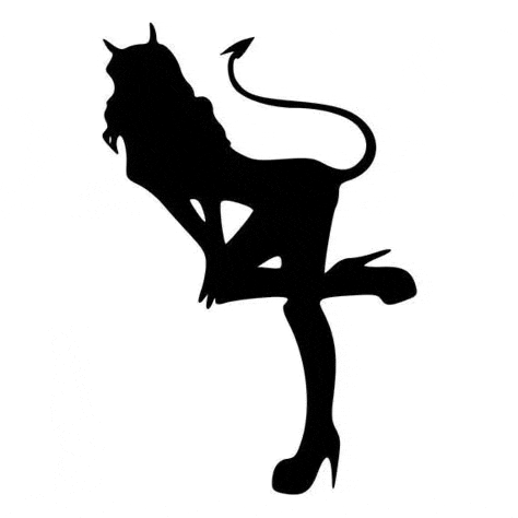a silhouette of a woman with horns and a tail is standing on one leg .