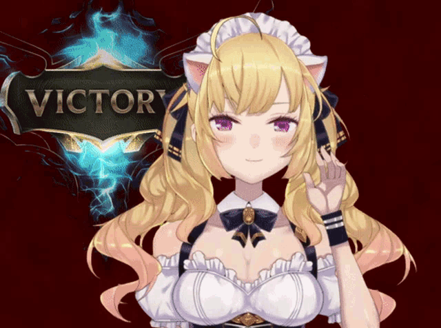 a girl in a maid outfit stands in front of a victory sign
