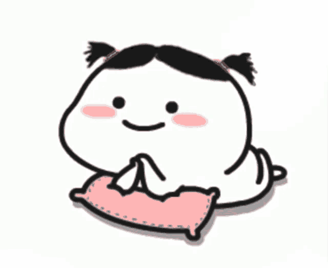 a cartoon of a girl laying on a pink pillow .
