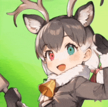 a girl with antlers and a bell around her neck is smiling .