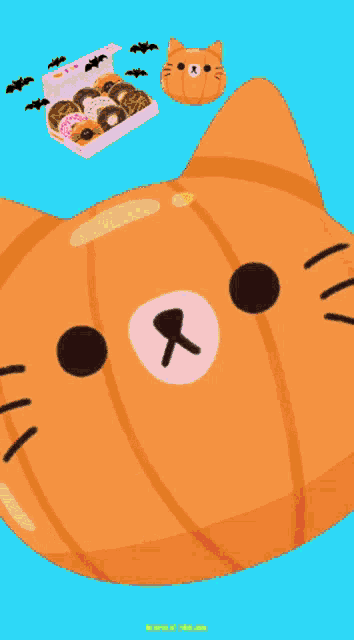 a cat with a donut in its mouth and the words trick or treat below it