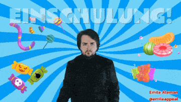 a man stands in front of a blue background with the words einschulung written on it