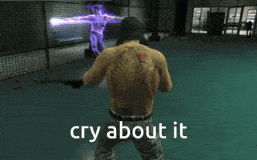 a man with a tattoo on his back is standing in front of a purple figure that says " cry about it "
