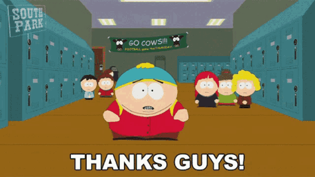 a south park cartoon says thanks guys in front of a locker room