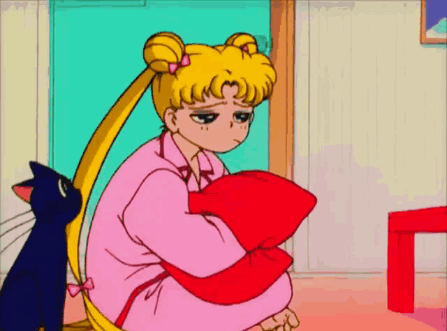 a cartoon of a girl holding a red pillow