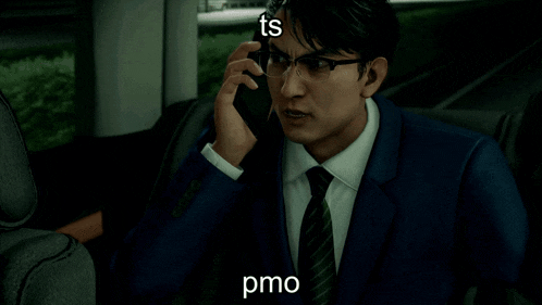 a man in a suit and tie is talking on a cell phone with the word pmo above him