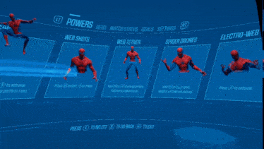 a screen showing spider-man 's powers including web shots web tether spider drones and electro-weave