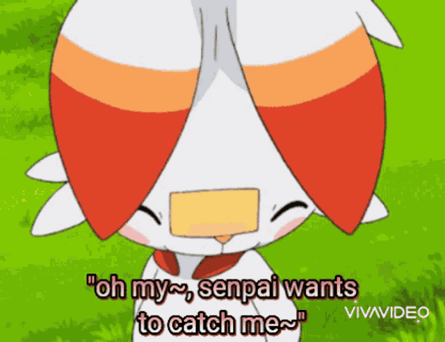 a cartoon character says " oh my senpai wants to catch me " in the grass