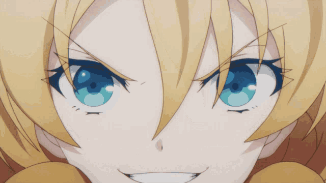 a close up of a anime girl with blue eyes