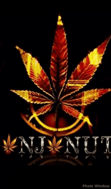 a picture of a marijuana leaf with a smiley face and the words nj nutt on it