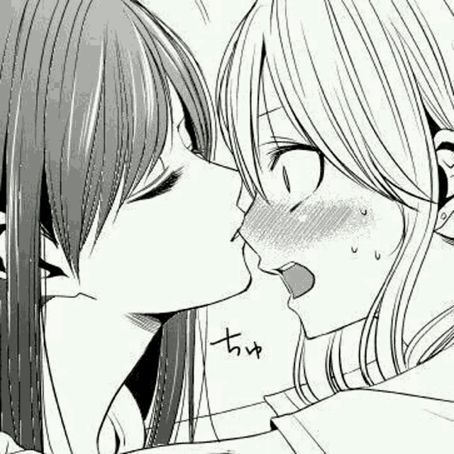 a couple of girls are kissing each other in a black and white drawing .