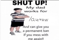 a boy is standing with his arms crossed in front of a sign that says `` shut up my dad works for ''