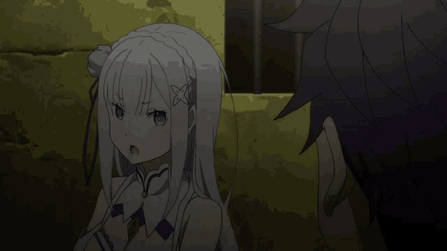 a girl with white hair and a flower in her hair talks to a man