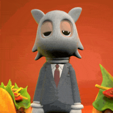 a cartoon character wearing a suit and tie is standing in front of tacos