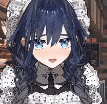 a close up of a girl 's face with a menu in the background