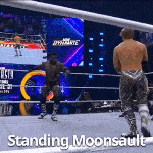 a man in a wrestling ring with the words standing moonsault written on the bottom