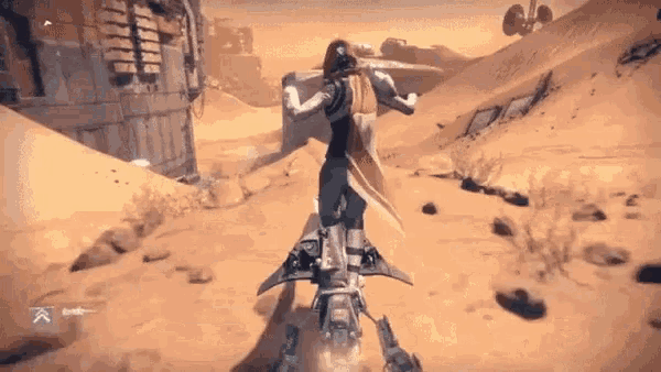 a video game character is riding a jet pack in the desert .
