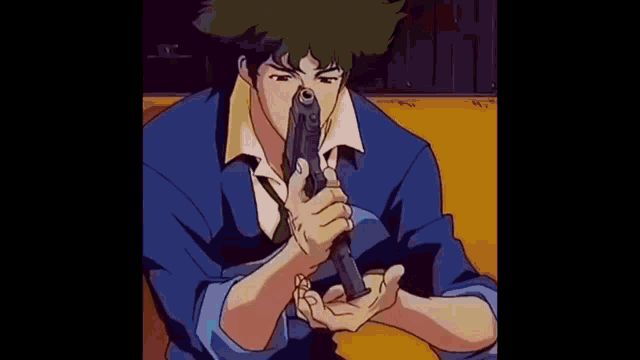 a cowboy bebop character is holding a gun in his hand