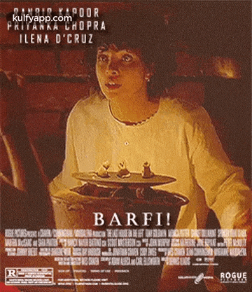 a movie poster for barfi shows a woman holding a bucket of food