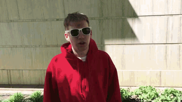 a man wearing sunglasses and a red hoodie is standing in front of a wall