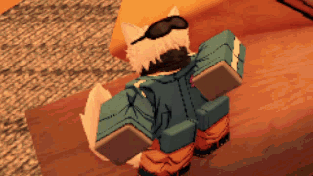 a fox wearing sunglasses and a blue jacket is standing on a wooden table