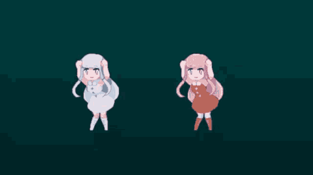 a cartoon of a girl with white hair standing next to a girl with pink hair
