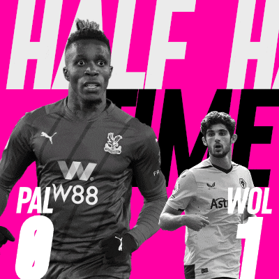 two soccer players on a pink background with the words half time on the top